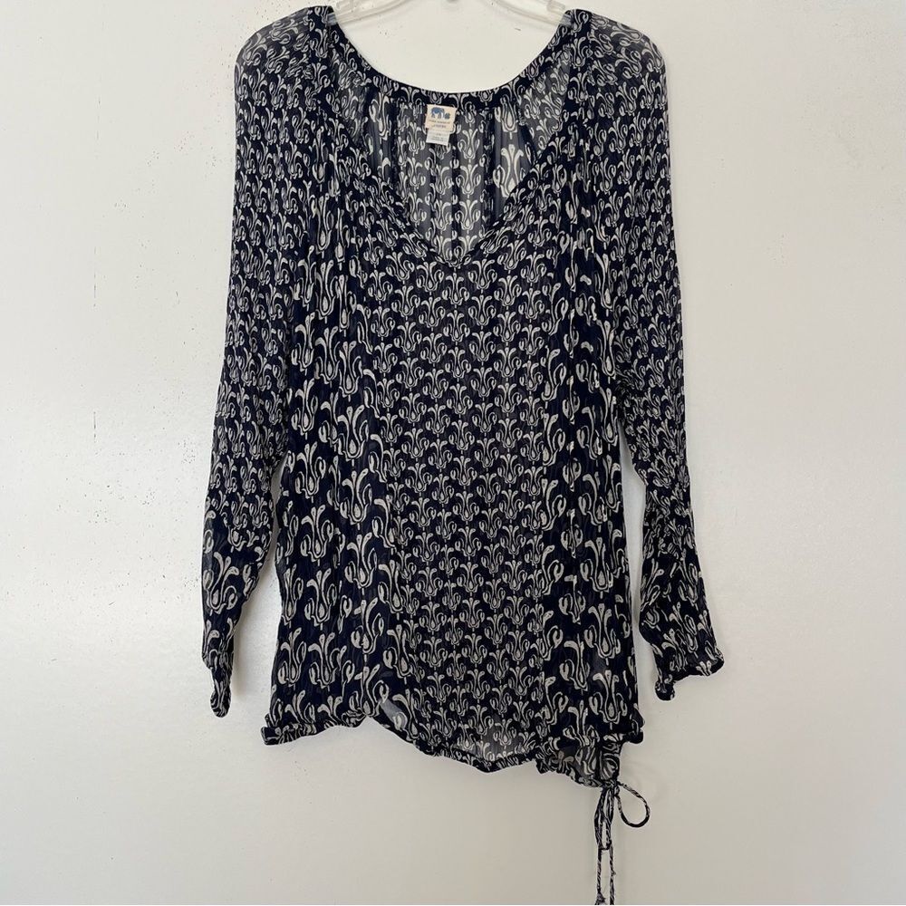 John Robshaw for Lucky Brand Sheer Top 2X Long Sleeves Boho Romantic Block Print